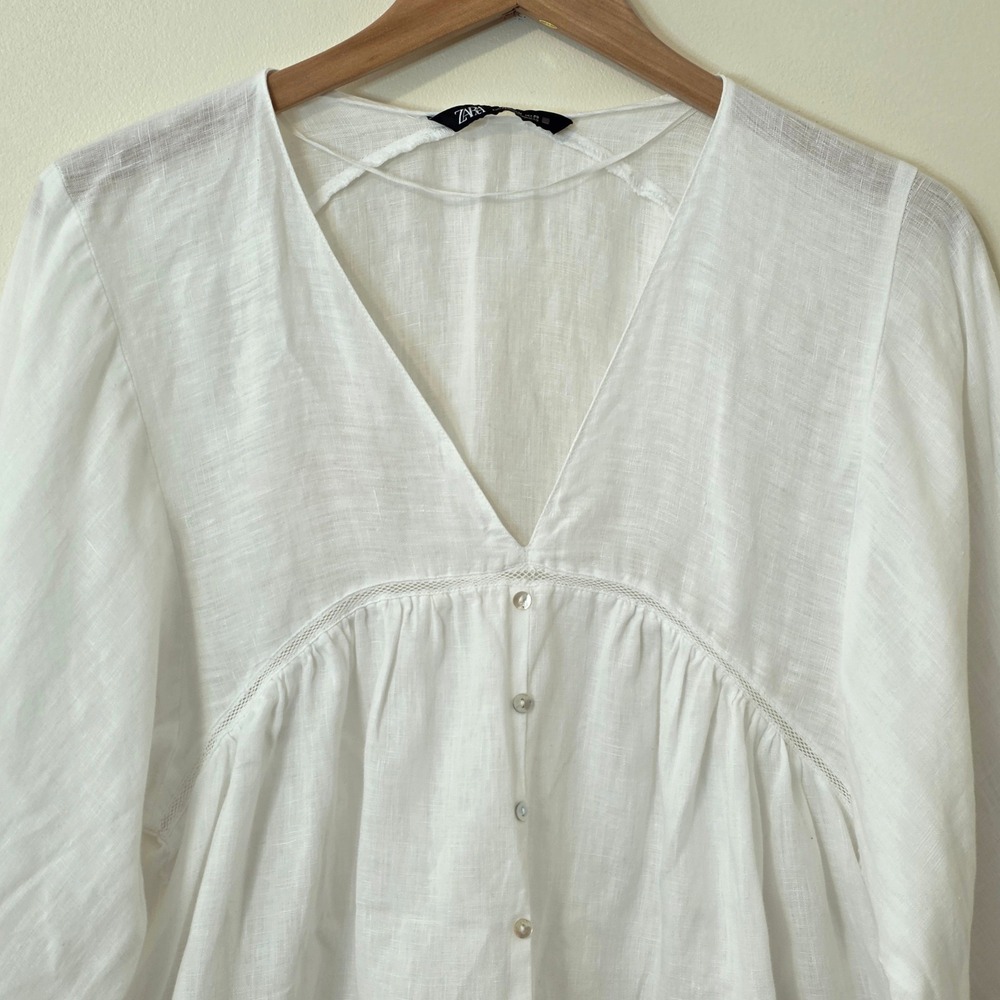 Zara Linen Balloon Sleeve Babydoll Top Sz M Romantic White Flowy Boho Peasant - Picture 2 of 10